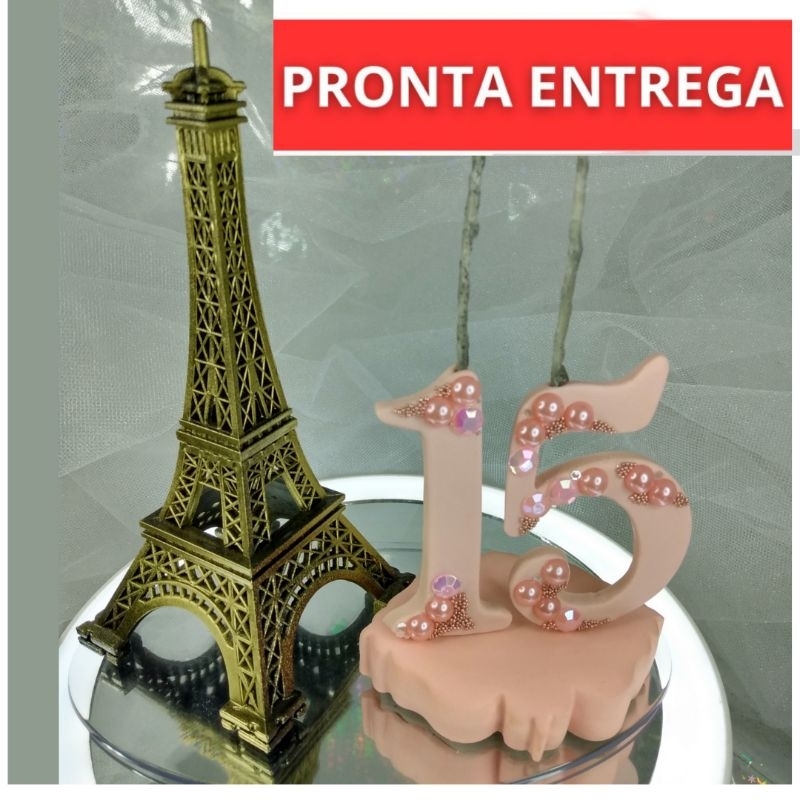 Vela Topo Topper 15 Anos Paris Torre Eiffel Rose Salmão