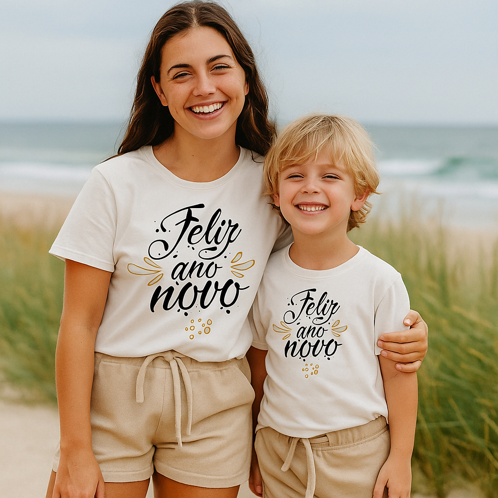 Conjunto Infantil Camiseta Algodão Branca com Short Moletinho Ano Novo Menino e Menina