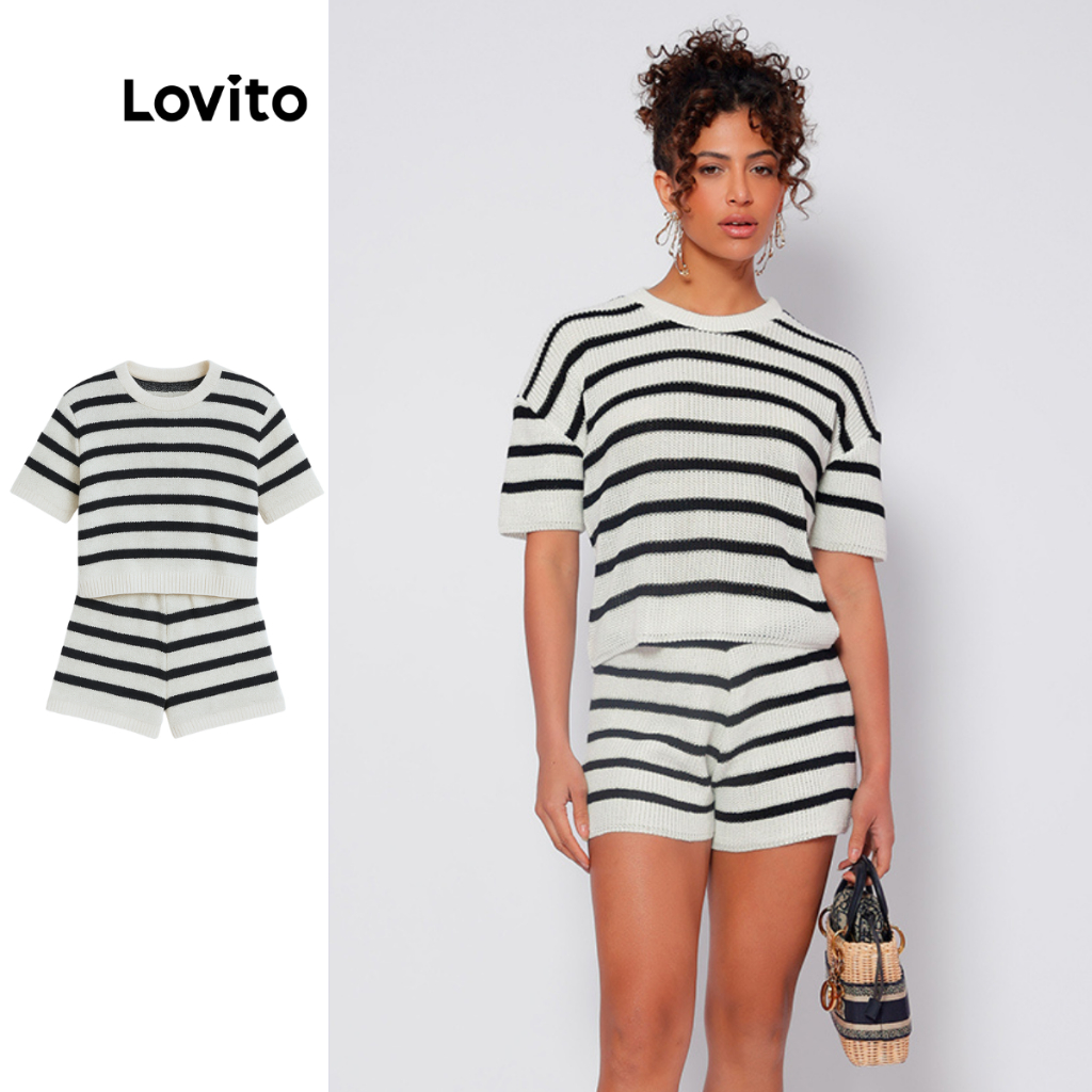 Lovito Conjunto Shorts Listrados Casuais Feminino LB815BRL845 em Oferta na Shopee