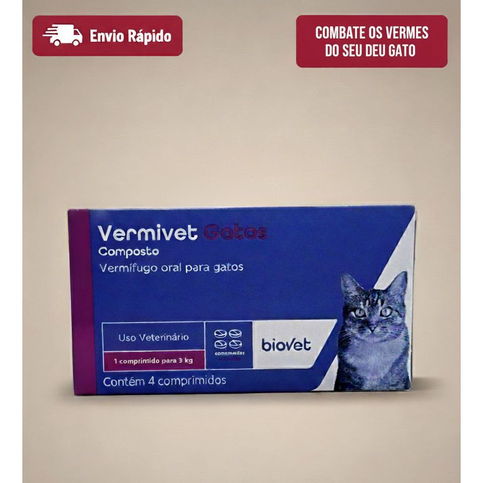 Vermivet Vermífugo para Gatos Biovet – Combate Vermes, Lombrigas, Tênias e Giárdia – 4 Comprimidos
