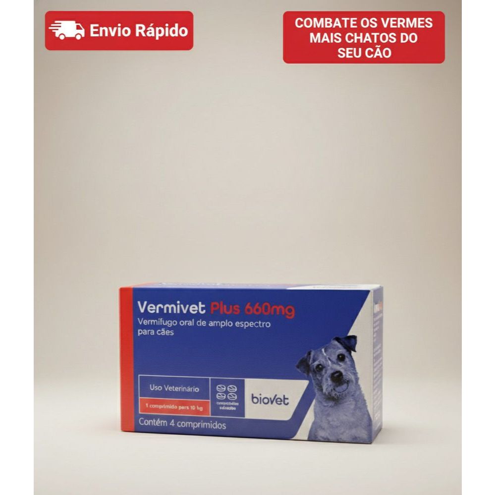 Vermivet Plus Biovet 660mg – Vermífugo para Cães Contra Lombrigas, Tênias e Vermes Intestinais – 4 Comprimidos