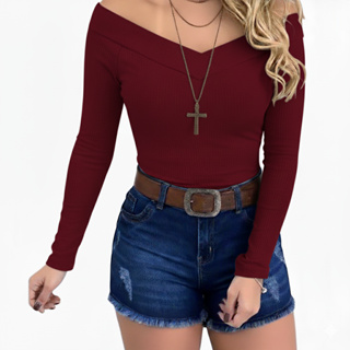 Body Feminino Manga Longa Ciganinha Ombro A Ombro Canelado em Oferta na Shopee