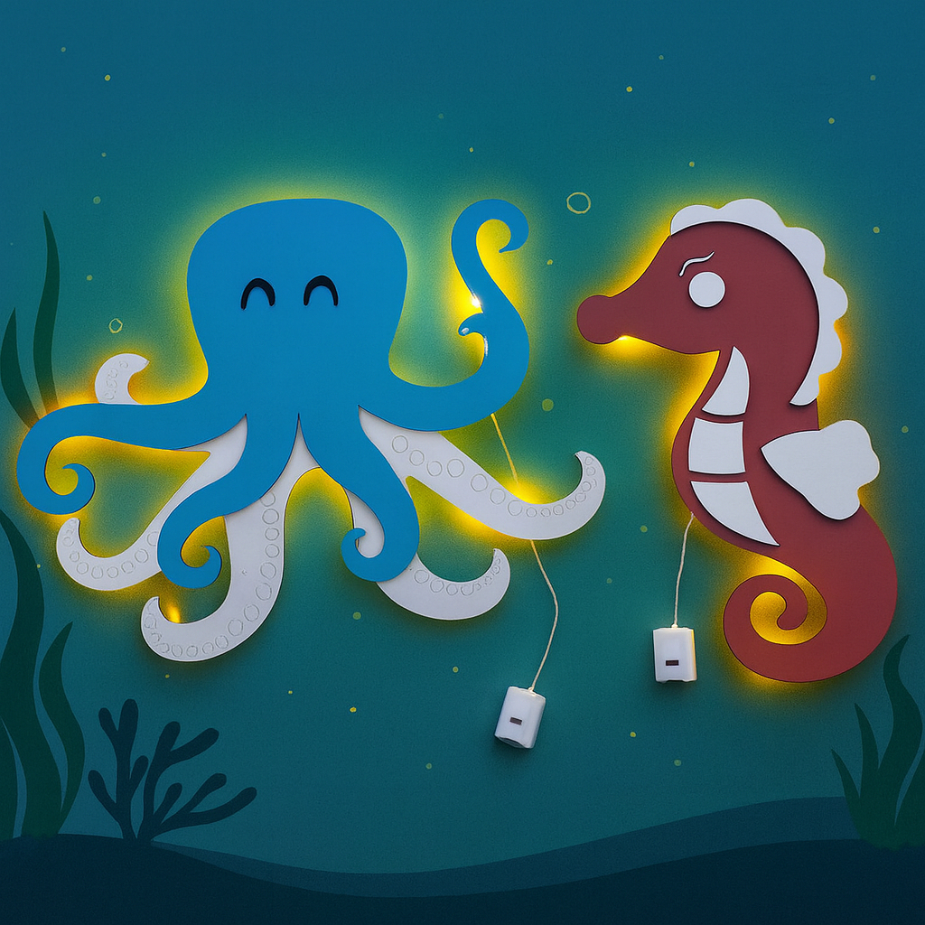 Luminária Infantil Polvo e Cavalo-Marinho LED – Decoração Criativa para Quarto de Criança