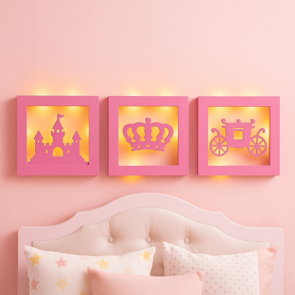 KIT COM 3 Luminárias Decorativas Princesa com Luz LED – Castelo, Coroa e Carruagem Rosa Infantil