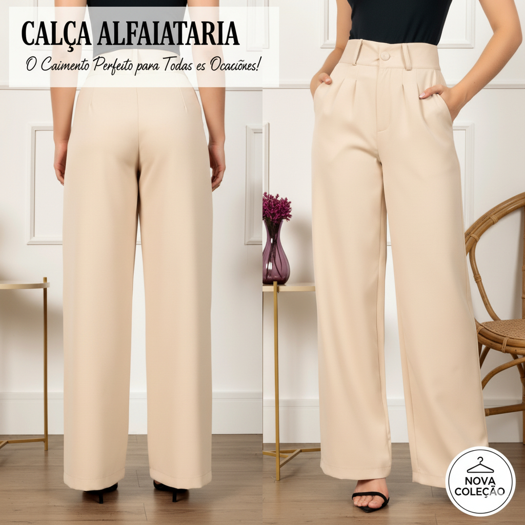 Calça Pantalona Alfaiataria Feminina  | Cintura Alta Com Pregas Conforto & Estilo P ao G3 em Oferta na Shopee