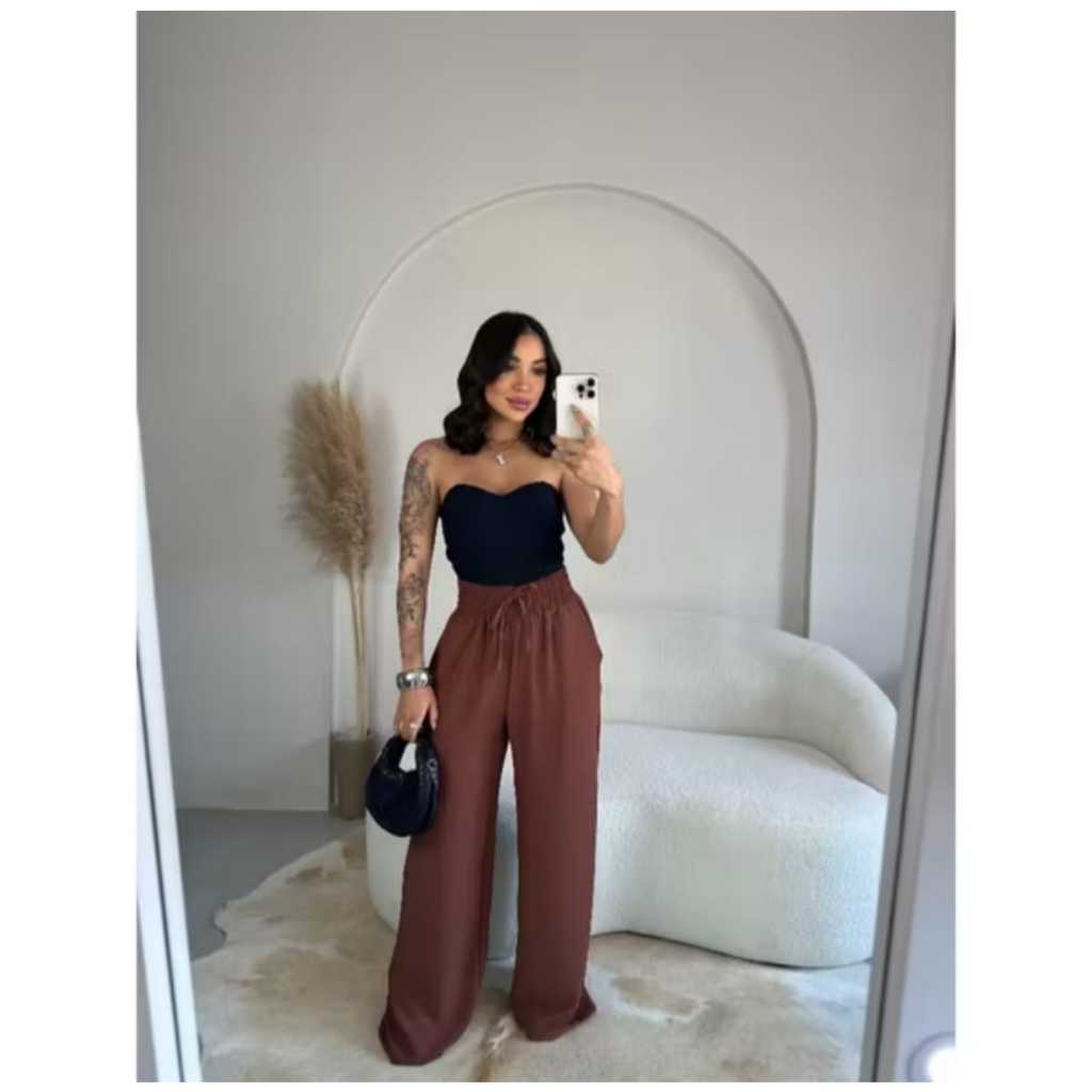 Calça Pantalona Feminina Duna Elegante Com Bolso Duna elastico na cintura calça flare folgadinha
