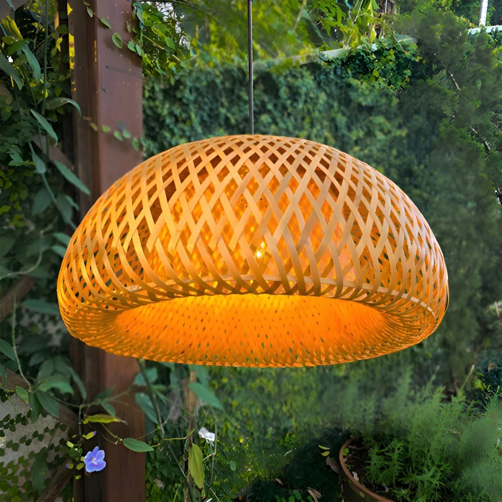 Lustre Pendente Bambu Natural Artesanal Fibra Trançada Luminária Rústica Decorativa Moderno