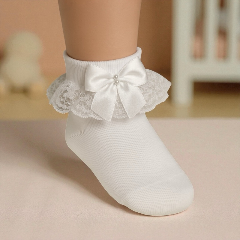 Meia Soquete Infantil Renda Batizado Bebê Festa Menina Social Floral Renda Larga Laço Pérola Social em Oferta na Shopee