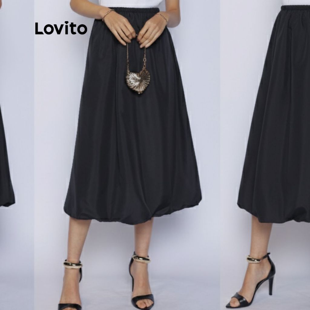 Detalhes do Lovito Saia Midi Balone Preta Chique Moda Modesta Feminina LB1259BRL1289