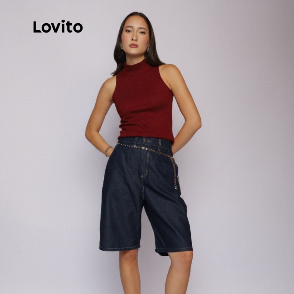 Lovito Bermuda Escura Moda Jeans Com Bolsos Feminina LB1275BRL1305 em Oferta na Shopee