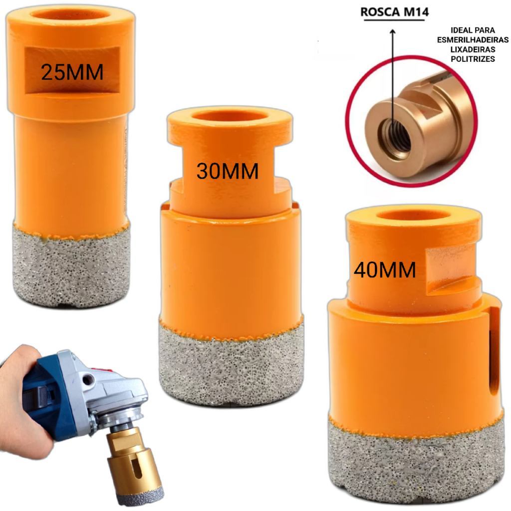 03 Serra Copo Broca Diamantada 25mm 32mm e 40mm P/ Porcelanato Cerâmica Mármore Vidro Esmerilhadeira em Oferta na Shopee