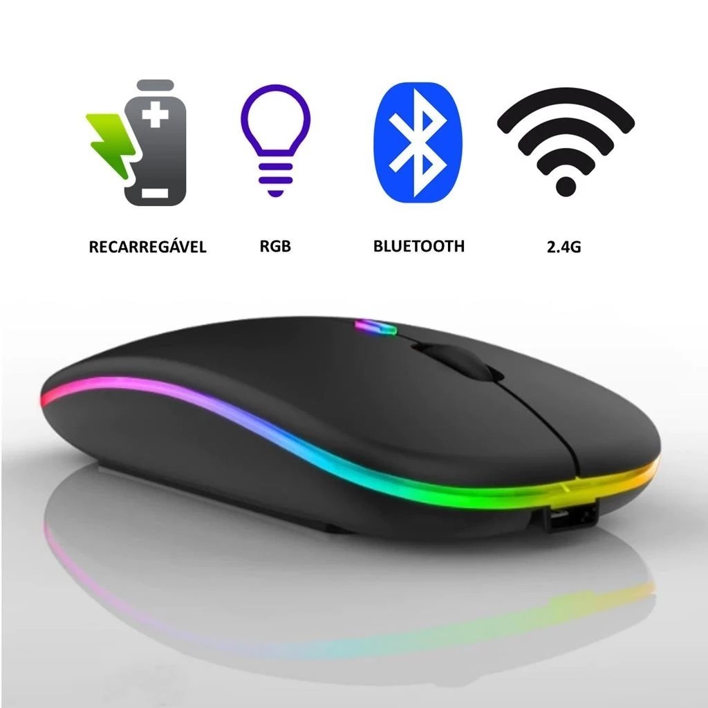 Mouse Sem Fio Wireless Recarregavel Led Rgb 2,4GHz Bluetooth Bateria Interna Ergonômico Silencioso