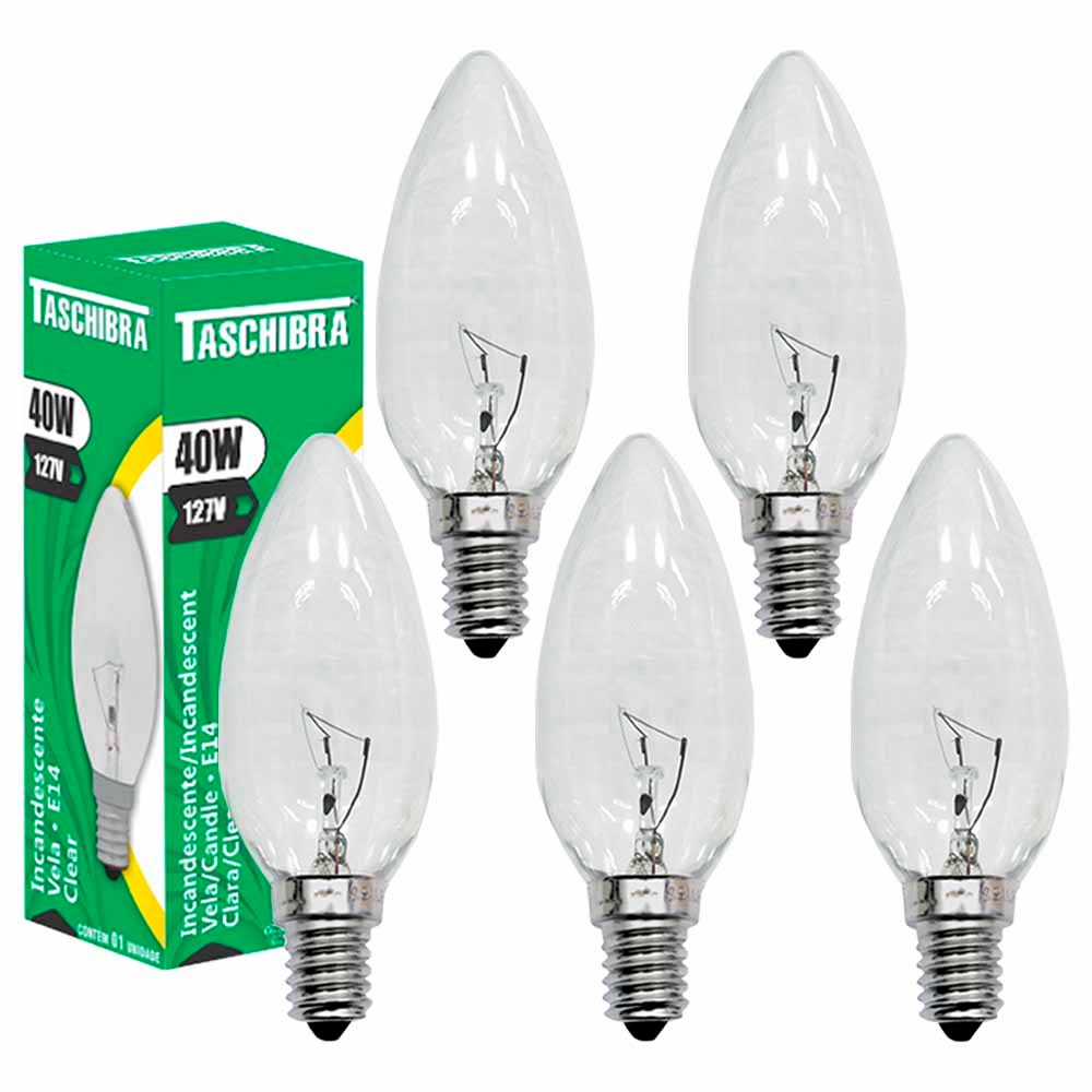 Kit 5 Lâmpada Incandescente Taschibra Vela 40w 2700k E14 127v