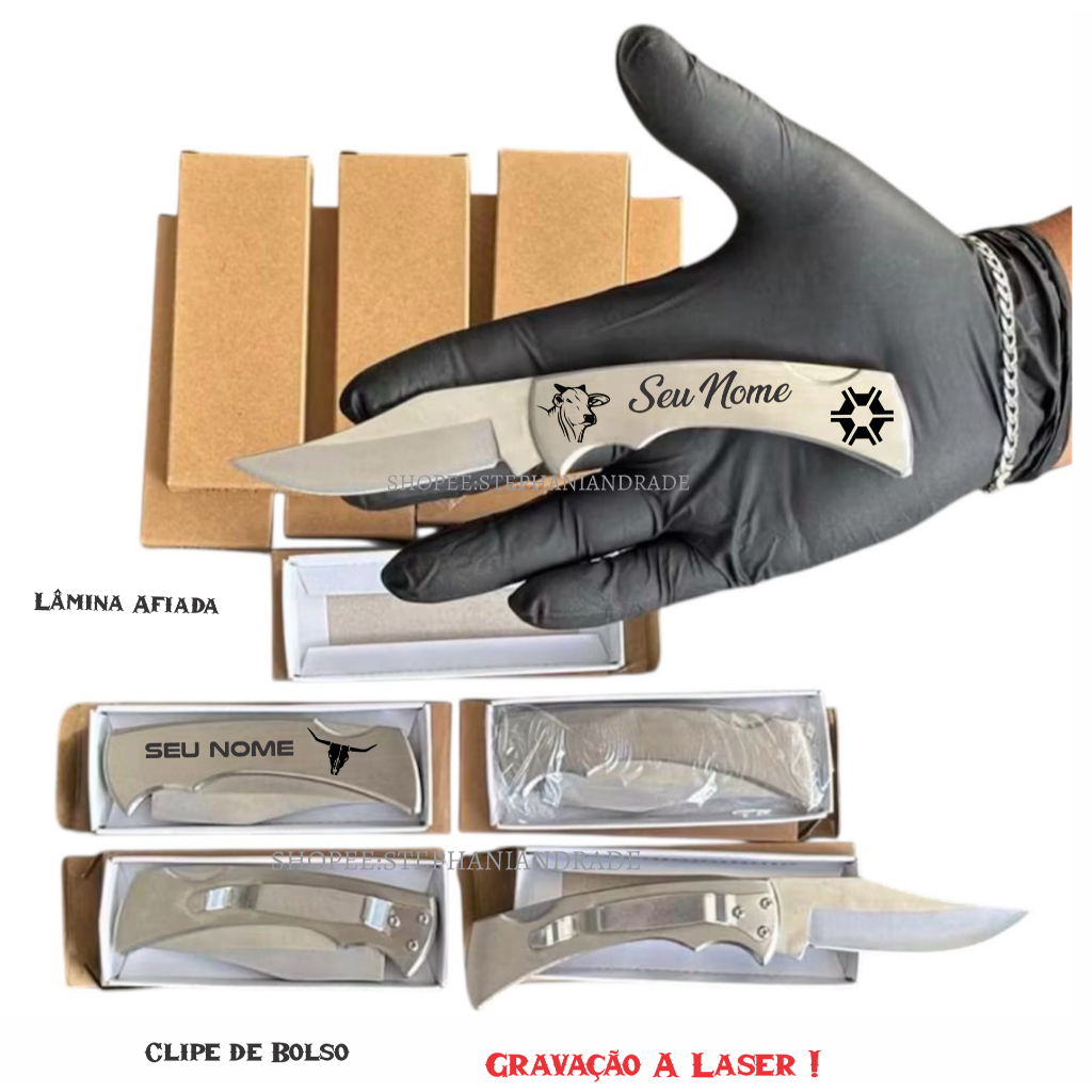 Canivete inox de Bolso Personalizado a Laser com Trava Lâmina Afiada Prisilha Bolso