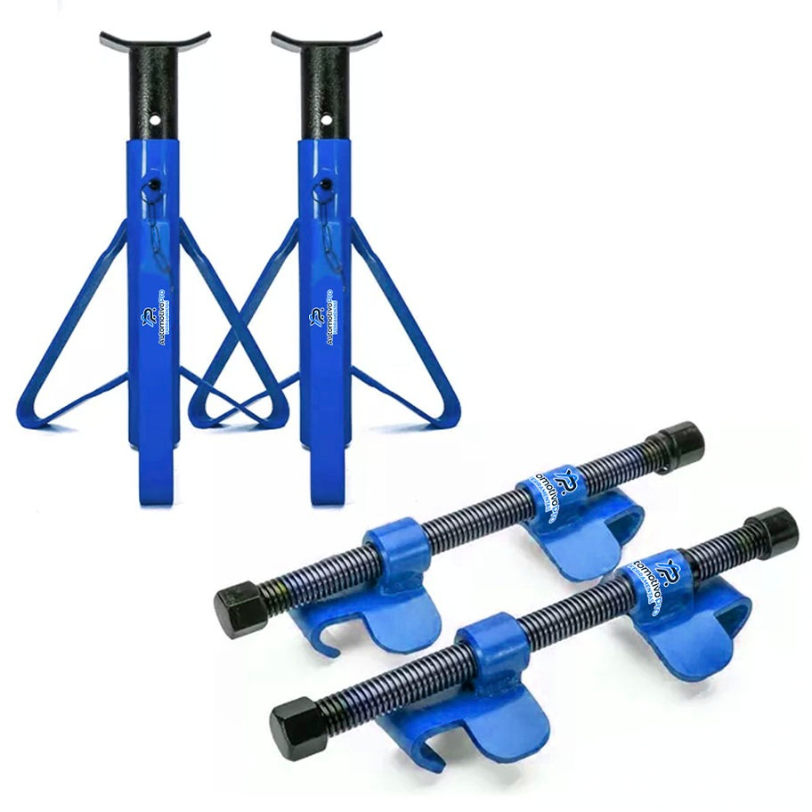 2 Cavaletes Capacidade 2 Toneladas + Encolhedor Universal De Molas Uma Garra Kit