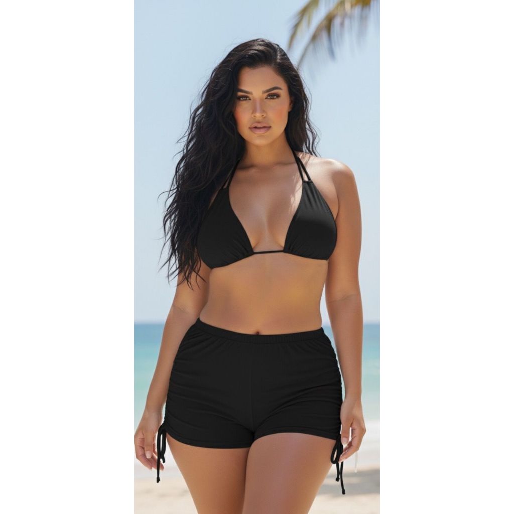 Conjunto 3 peças Trikini Biquíni + Short Estiloso Alça Dupla Plus Size G ao G4 Cortininha Amarração