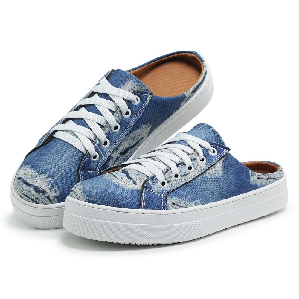 Sapatênis Mule Feminino Azul Jeans Com Detalhe Cadarço Confortável Social Casual