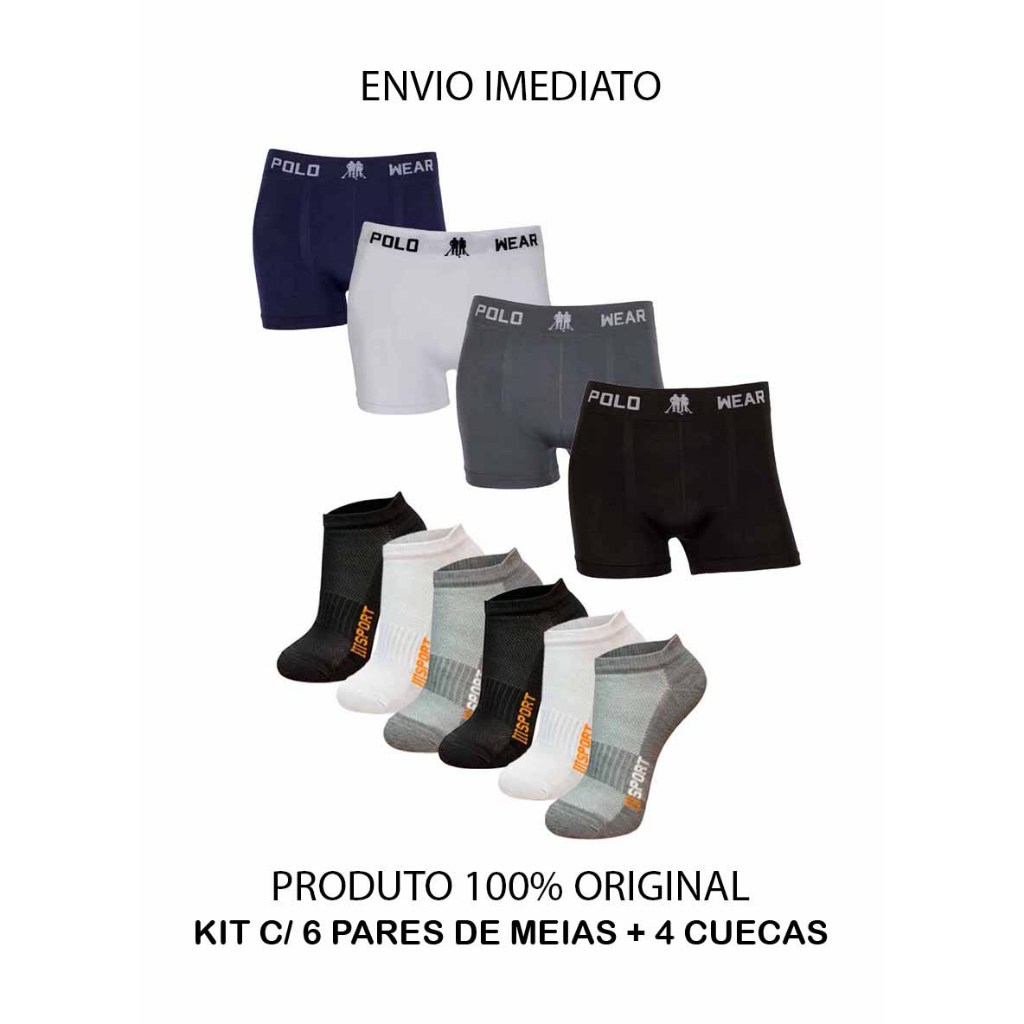 Kit Férias / Presente 4 cuecas boxer Polo Wear + 6 pares de meias sport respiráveis