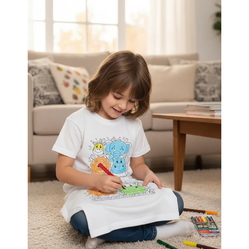 Camiseta Infantil Para Colorir Interativa Safari C/ Canetinhas Lembrancinha Aniversário