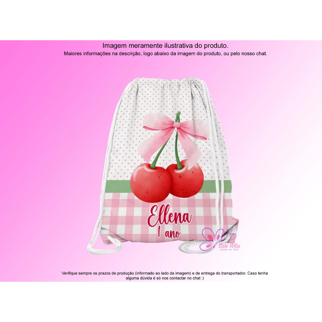 Mochilinha Saco Personalizada Cereja Festa Aniversário Lembrancinha Saquinho Infantil
