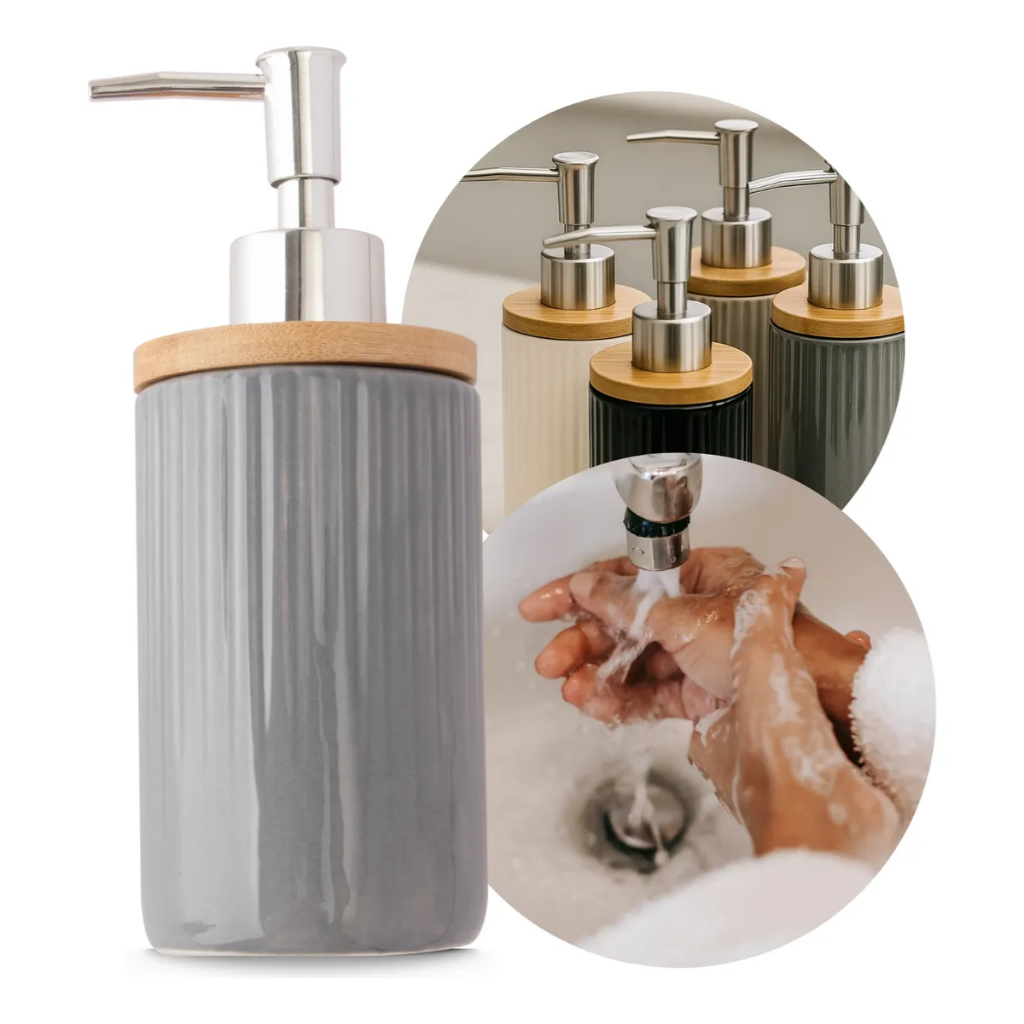 Dispenser Porta Sabonete Líquido 250ml Elegante Bambu Pump Banheiro Lavabo