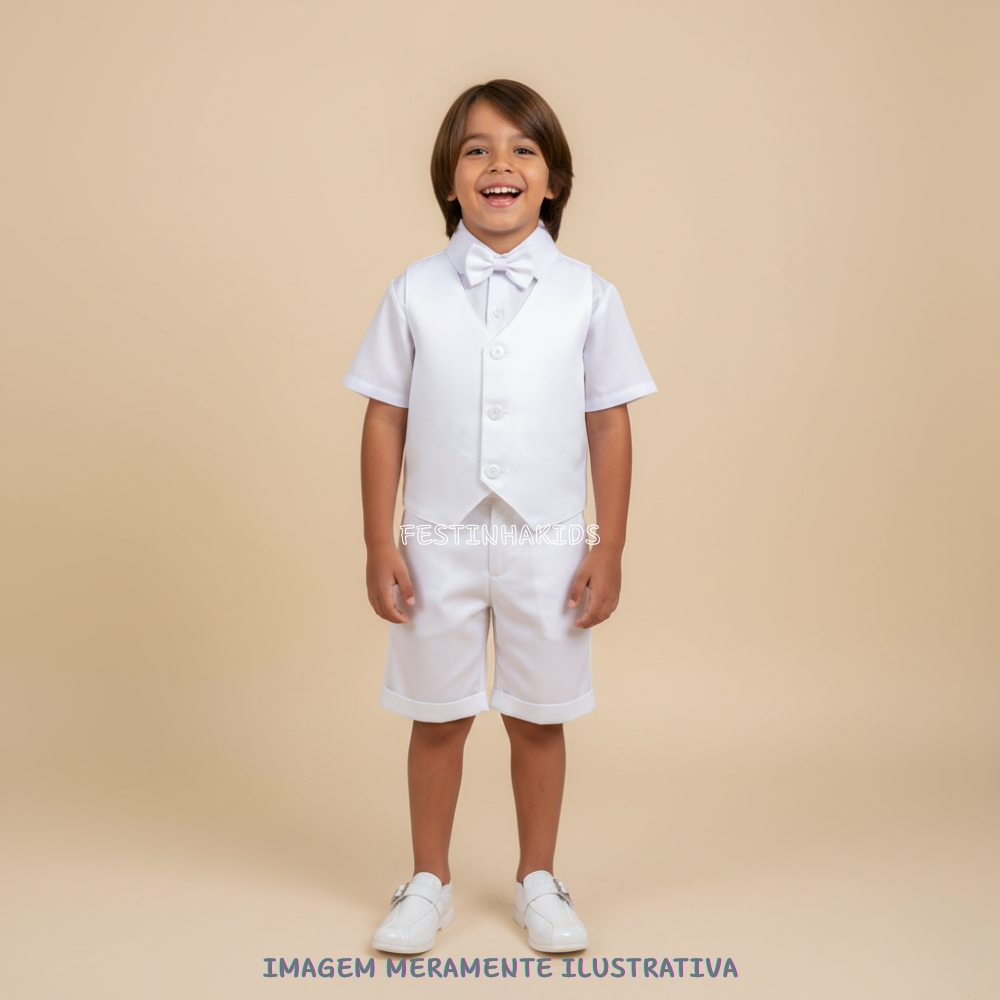 Conjunto Social Infantil Menino Colete Camisa Gravata Short Branco Festa Batizado Comunhão