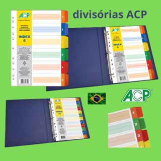 Divisoria p/ Fichario Colorida ou Cristal Plastica c/6 10 ou 12 indices da ACP tamanho A4 em Oferta na Shopee