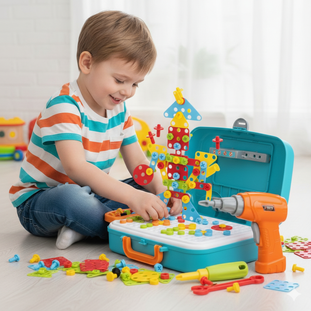 Kit Maleta de Ferramenta Infantil Monta e Desmonta Parafusadeira Peças de Montar Brinquedo Criança