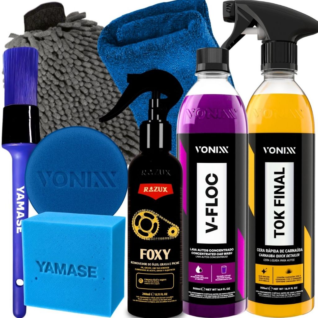 Kit Produto para Lavar Moto Cera Tok Final Shampoo V-Floc Desengraxante Limpador de Corrente Foxy Razux em Oferta na Shopee