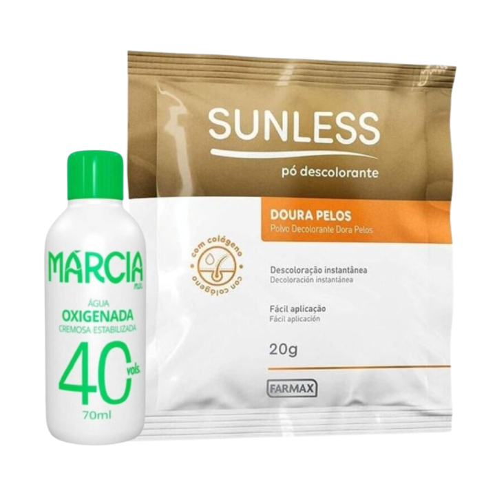 Pó Descolorante Doura Pelos Sunless 20g + Água Oxigenada 40vol 70ml Márcia