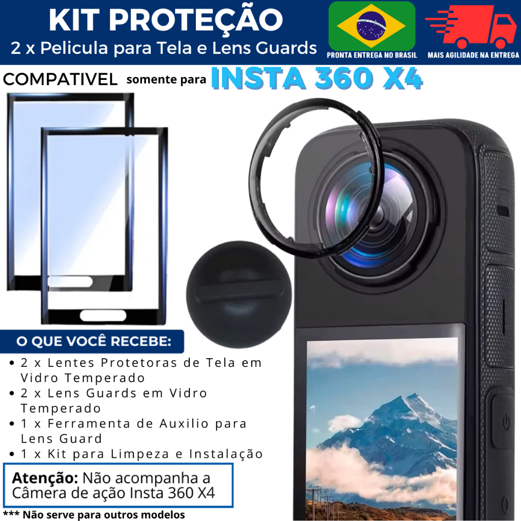 Kit Premium Para Câmera Insta360 X4 Protetor de Tela Vidro Temperado + Lente de Vidro Temperado Óptico