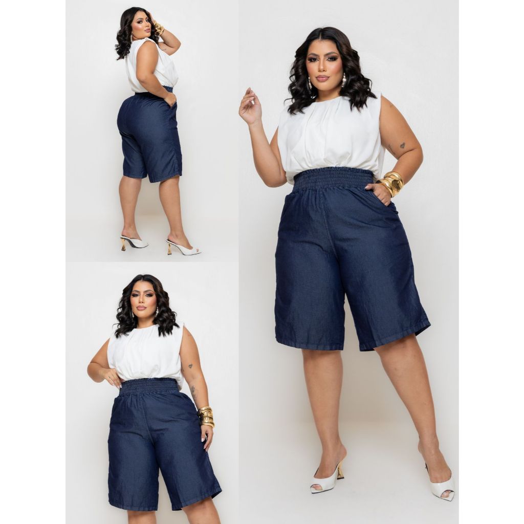 Bermuda short jeans casual plus size feminino com bolso tecido leve cós grosso elástico confortável