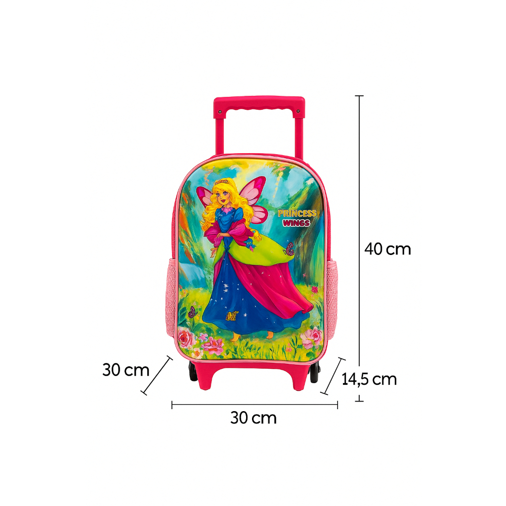 🎒Mochila de Rodinhas Infantil Princess Wings Rosa com Alça Retrátil e Rodinhas Silenciosas - Encantada e Espaçosa