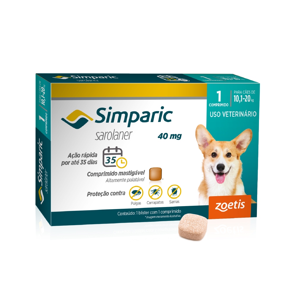 Antipulgas Zoetis Simparic 40 mg para Cães 10,1 a 20 Kg Caixa Com 1 Comprimido