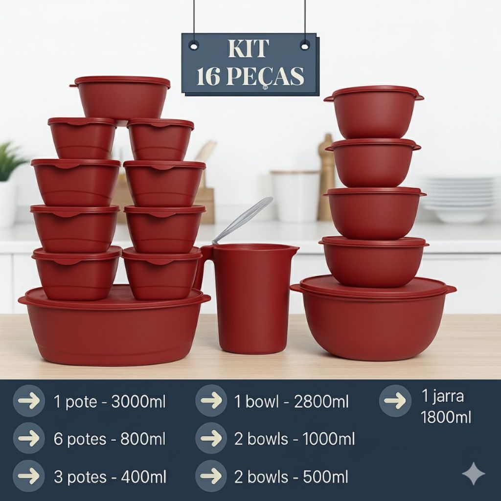 Kit Jogo c/15 Potes Plásticos + Jarra Herméticos Para Cozinha Resistente Armazenar Alimentos