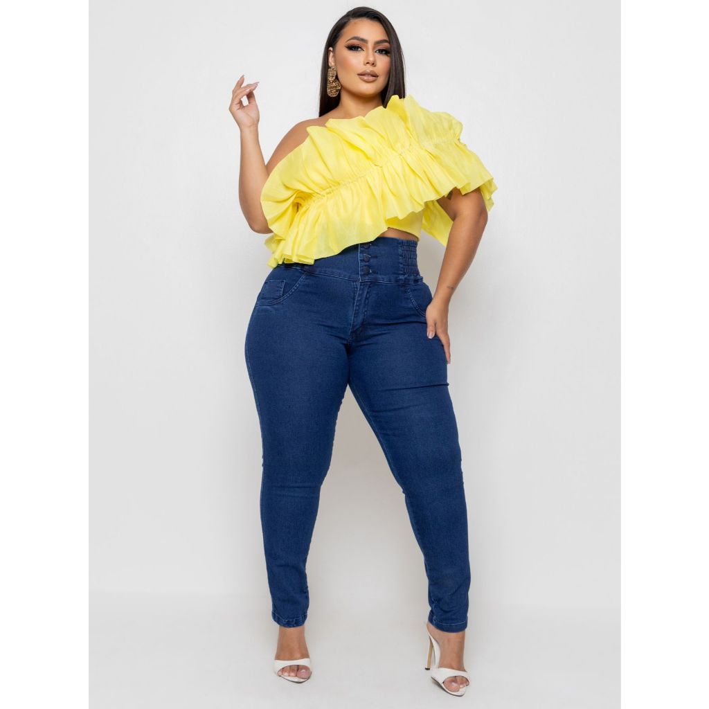 Calça jeans feminino plus size skinny modeladora cós muito alto elastano premium em Oferta na Shopee