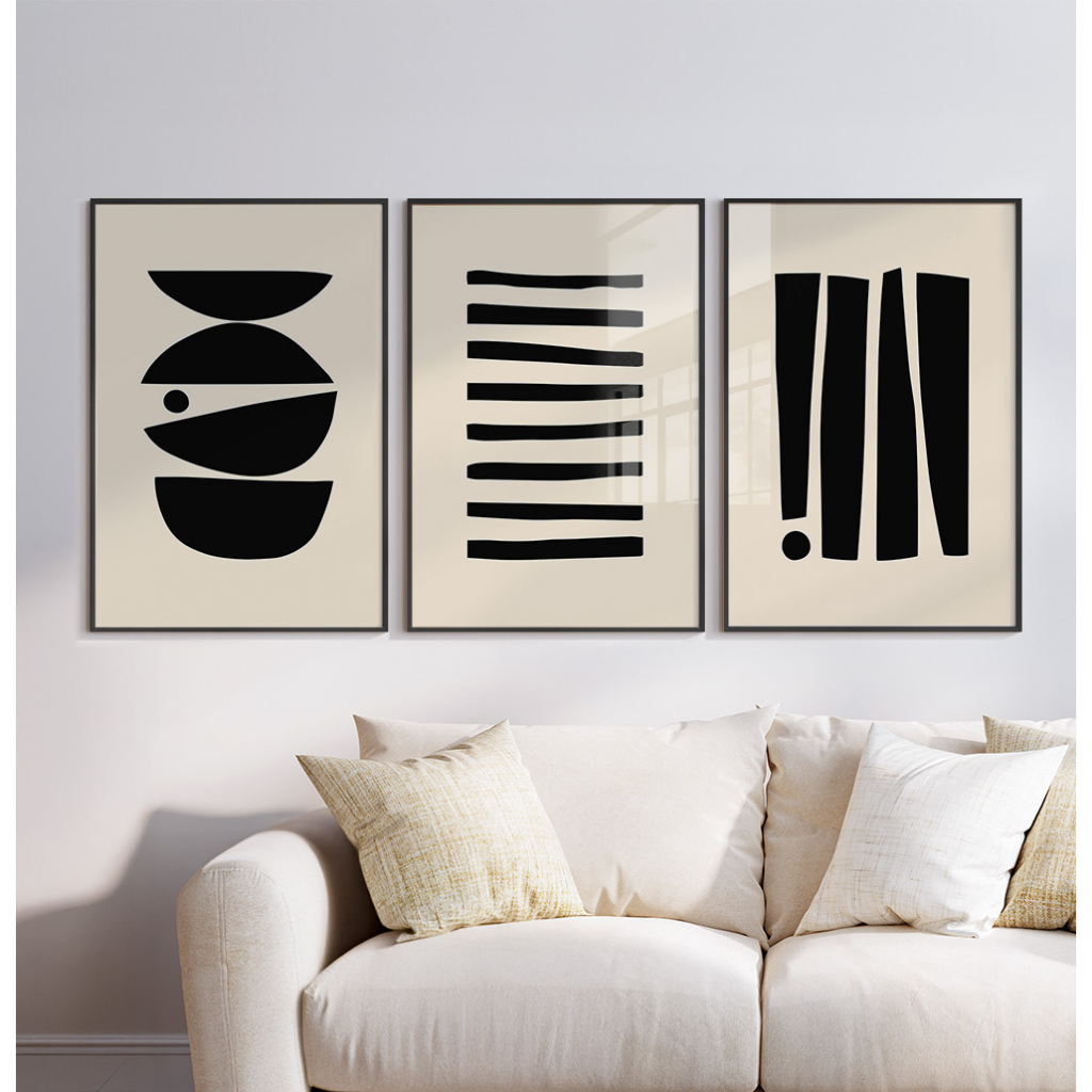 Quadros Decorativos COM/SEM Moldura Sala Quarto Escritório Trio Abstrato Minimalista Formas Pretas em Oferta na Shopee