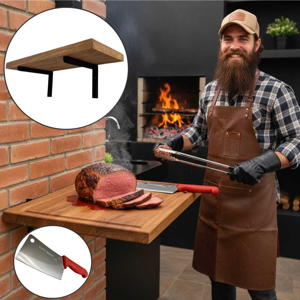 Mesa Tábua Churrasco Dobrável Madeira Nobre 75x30x5cm + Faca Cutelo Profissional Starrett