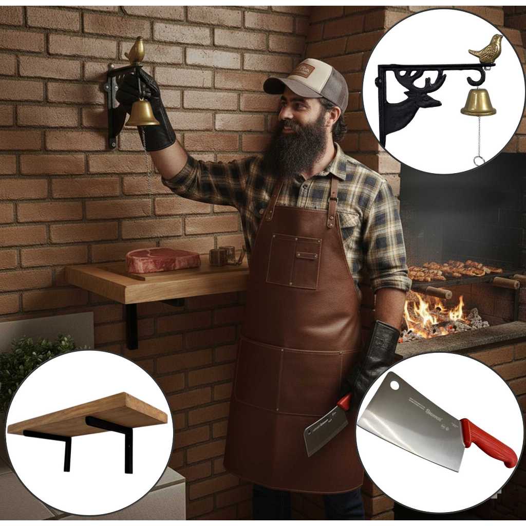 Mesa Tábua Churrasco Dobrável Madeira Nobre + Faca Cutelo Profissional + Sino Colonial Parede