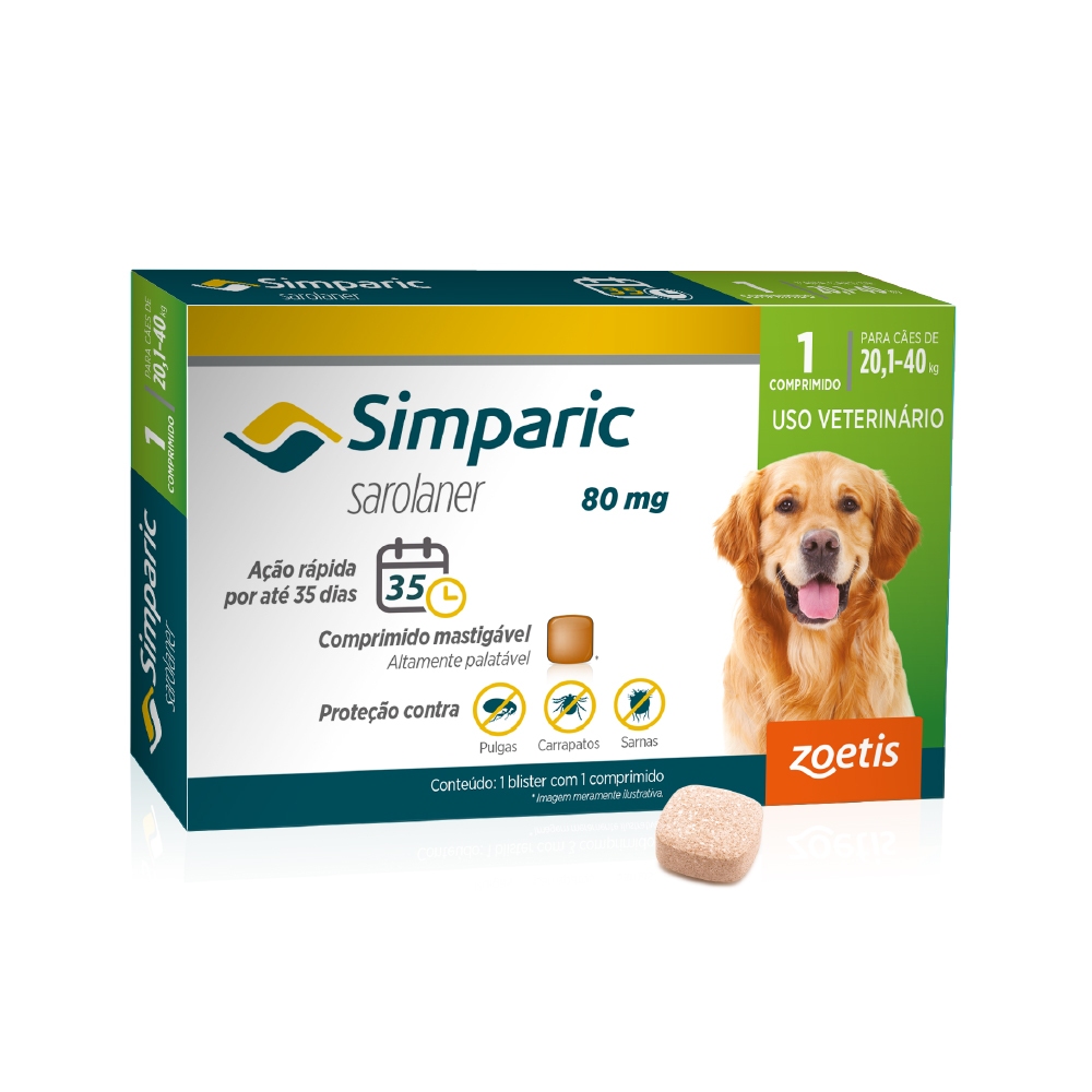Antipulgas Zoetis Simparic 80 mg para Cães 20,1 a 40 Kg Caixa Com 1 Comprimido