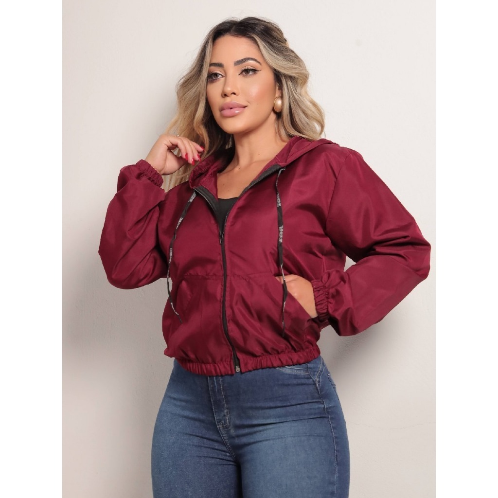 Jaqueta corta vento REBECA com capuz bolsos e cordão tecido tactel em Oferta na Shopee