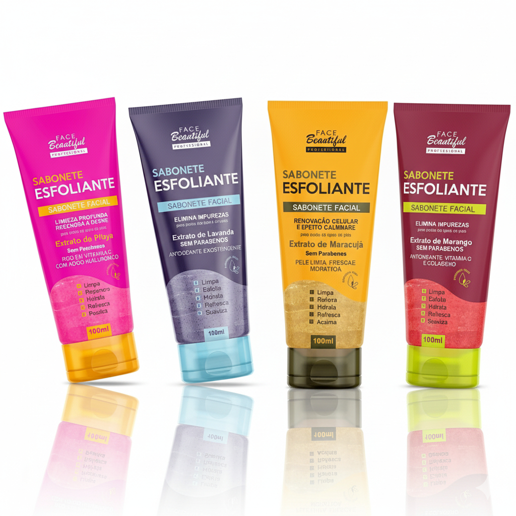 Kit 04 Sabonete Esfoliante Facial Líquido 100ml Face Beautiful em Oferta na Shopee