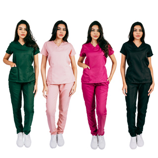 Conjunto de Pijama Cirúrgico Scrub Oxford Acinturado Com Bordado em Oferta na Shopee