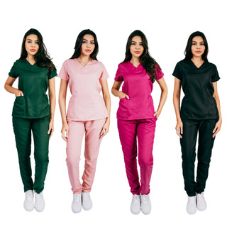 Conjunto de Pijama Cirúrgico Scrub Oxford Acinturado Com Bordado