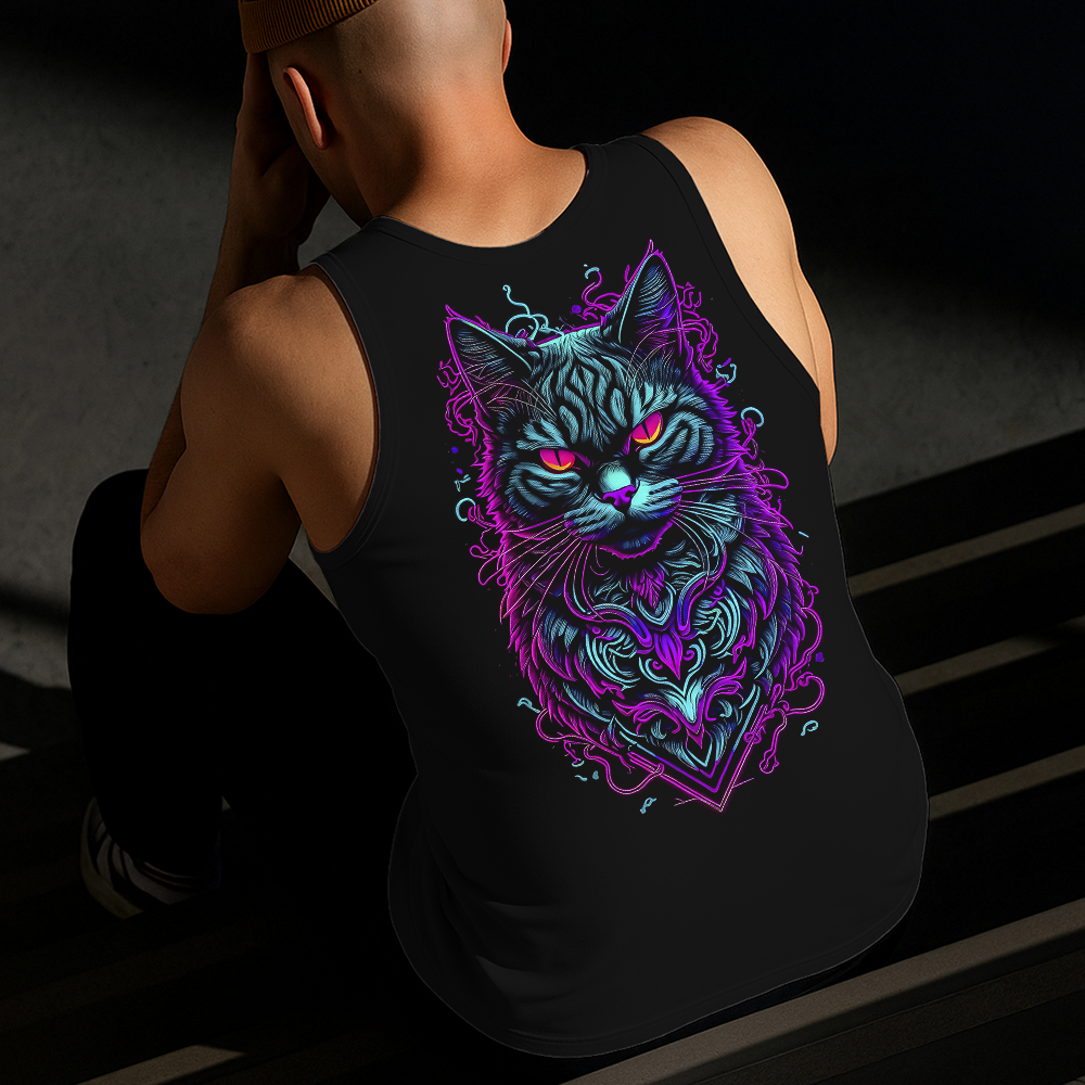 Camiseta Regata Masculina Estampada Gato Roxo 100% Algodão Estilo Conforto Diário Do Tamanho P ao GG