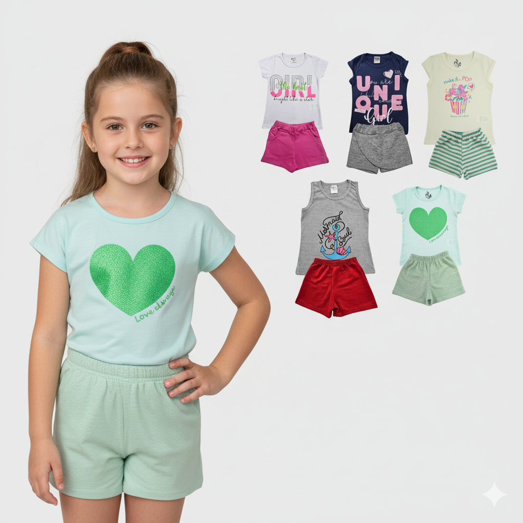 Kit 5 Conjuntos 10 Peças Infantil Menina Blusa e Short Algodão Moda Casual Dia a Dia Verão Feminino