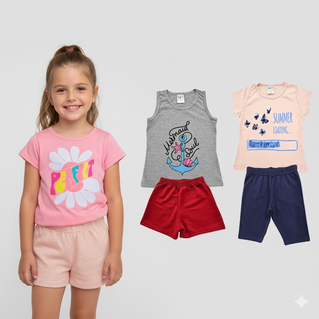 Kit 3 Conjuntos 6 Peças Infantil Menina Blusa e Short Algodão Moda Casual Dia a Dia Verão Feminino