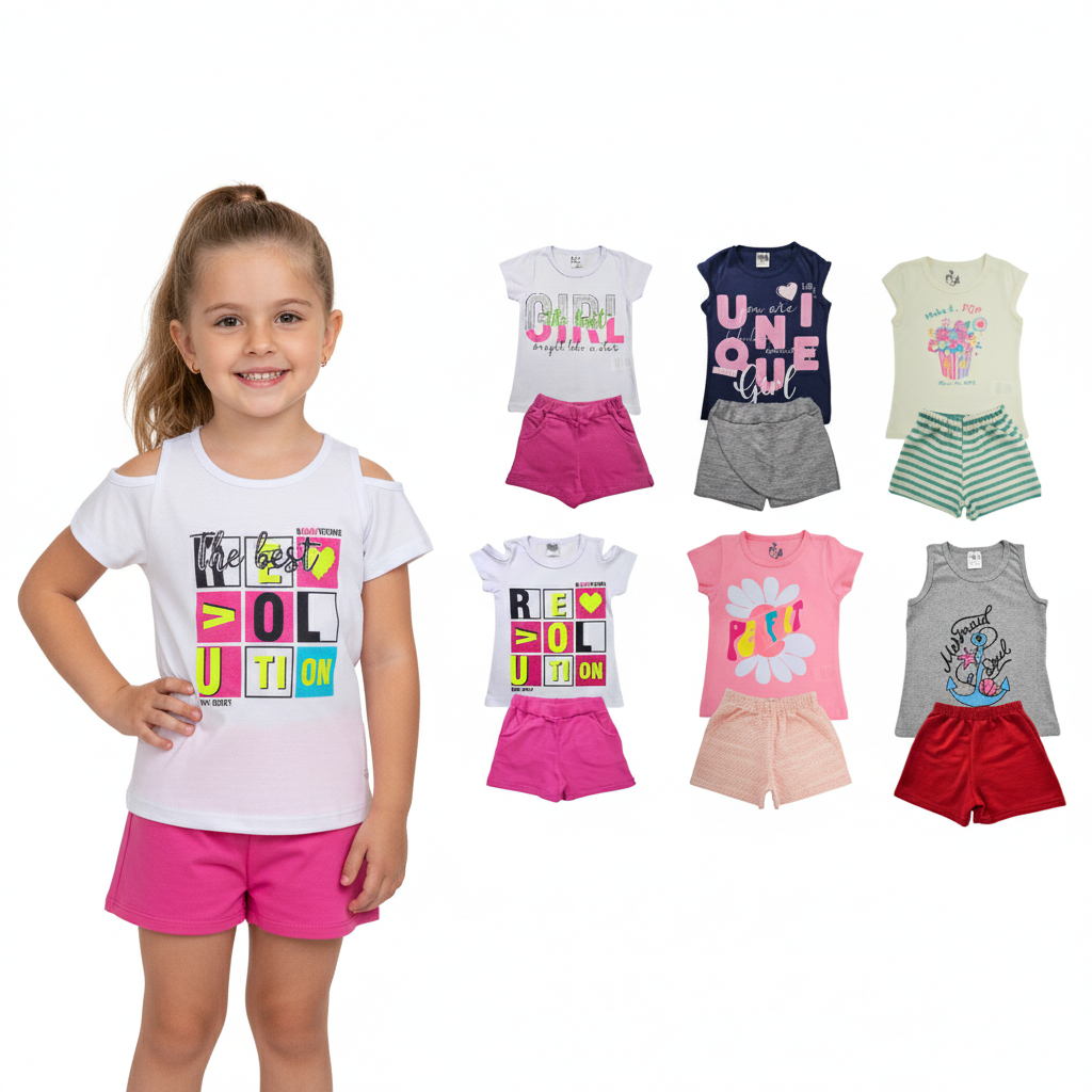 Kit 6 Conjuntos 12 Peças Infantil Menina Blusa e Short Algodão Moda Casual Dia a Dia Verão Feminino