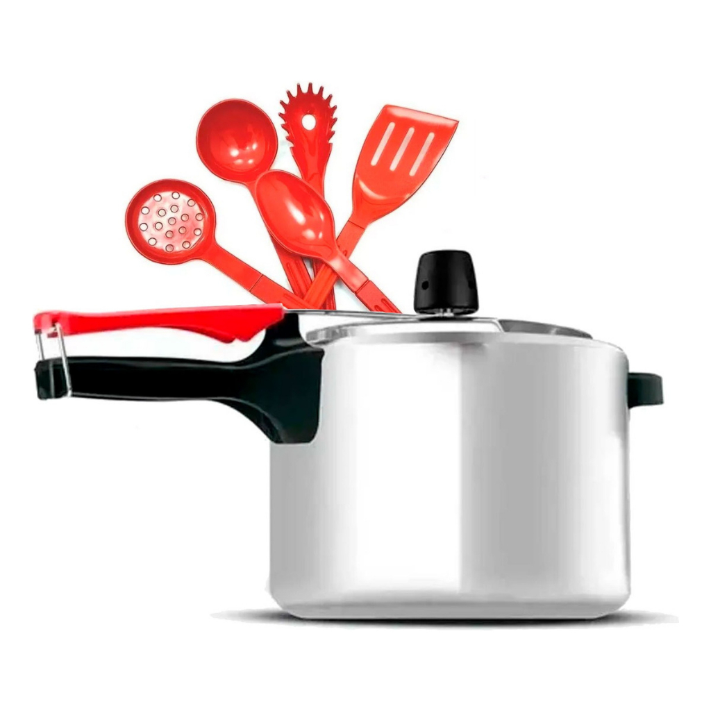 Panela Pressão 4,5 Litros Polida Rochedo Clock Conjunto de Utensílios 5 Peças