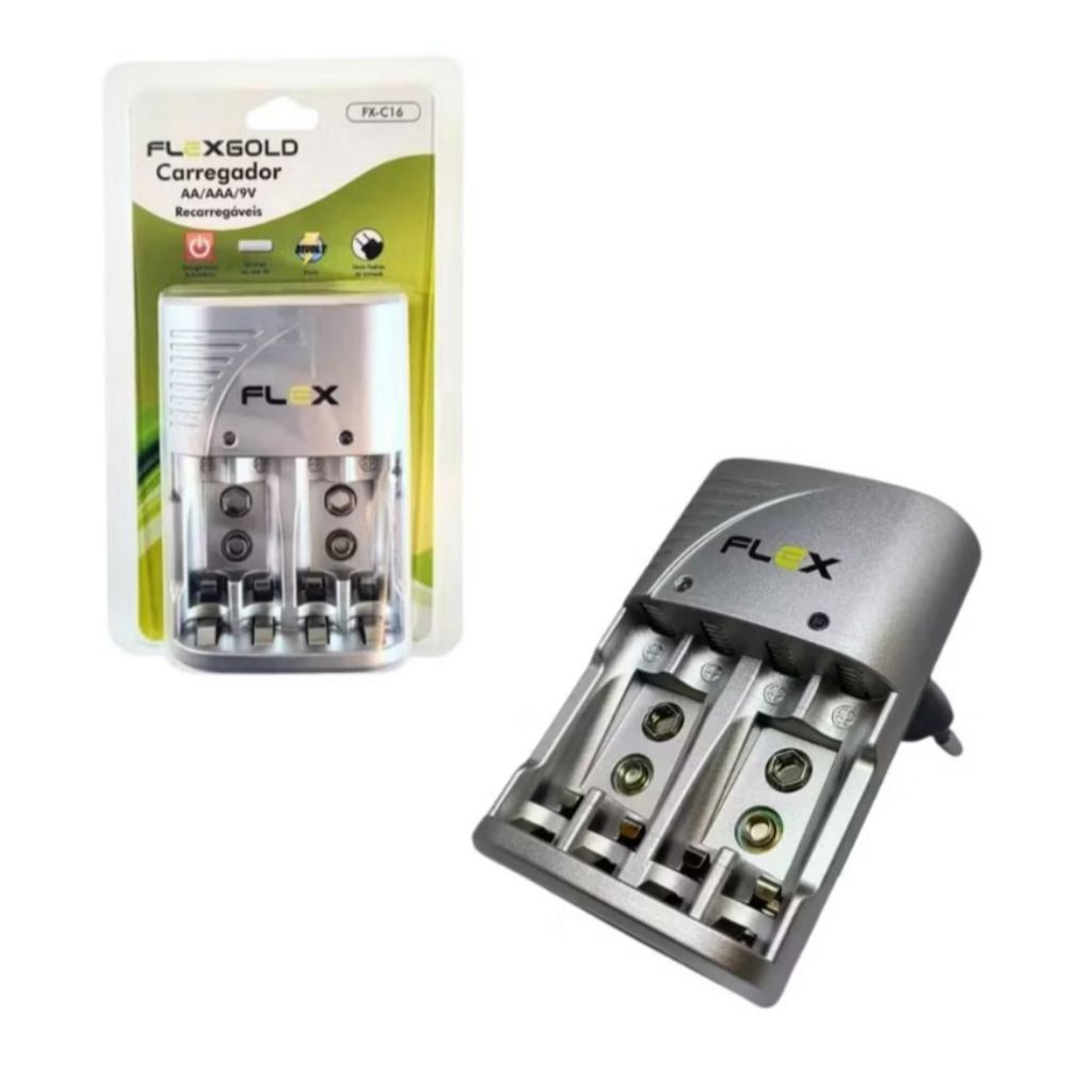 CARREGADOR DE PILHAS COM DESLIGAMENTO AUTOMATICO AA/AAA/9V BIVOLT FX-C16